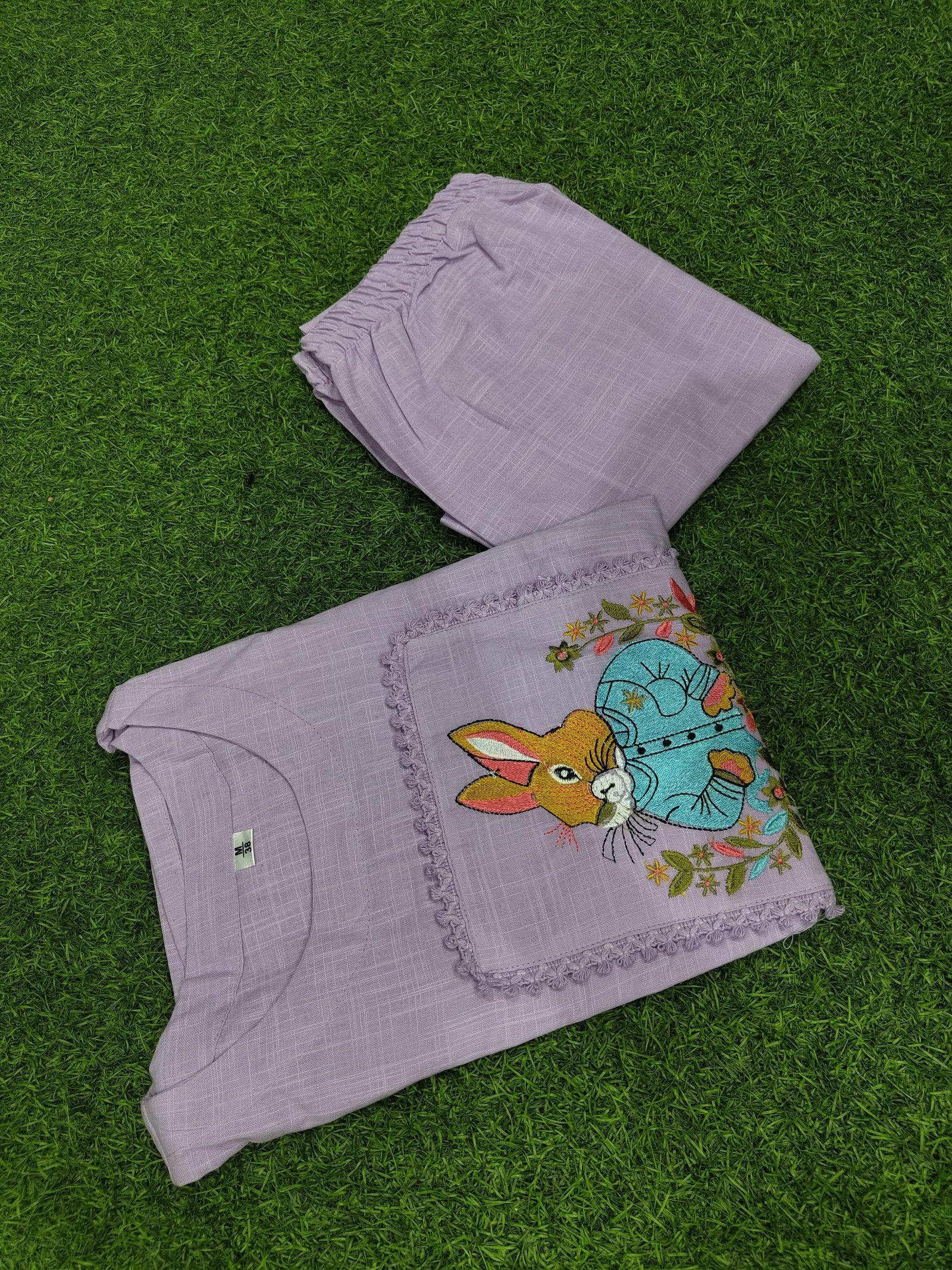 Purple Cotton Slub Embroidered Tunic Set